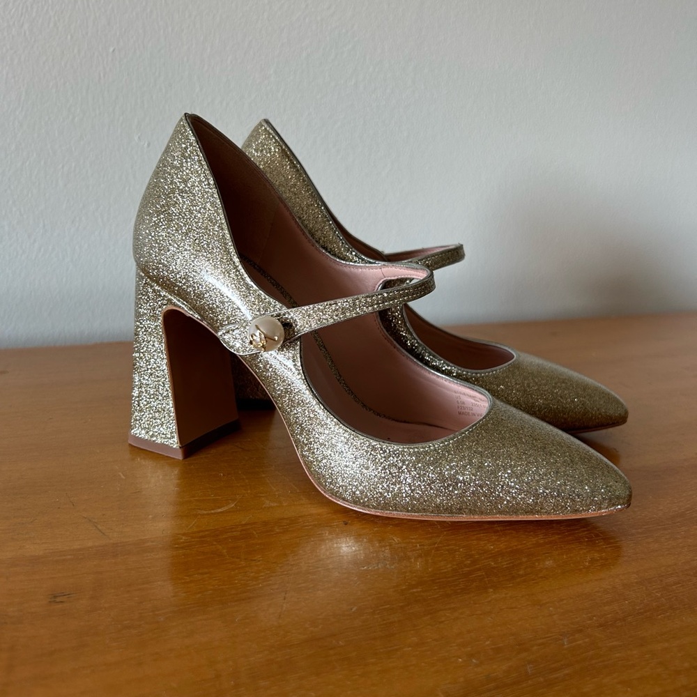 Kate Spade Maren Glitter Mary Jane Pumps Pearl Strap Block Heel Size 6.5 Gold